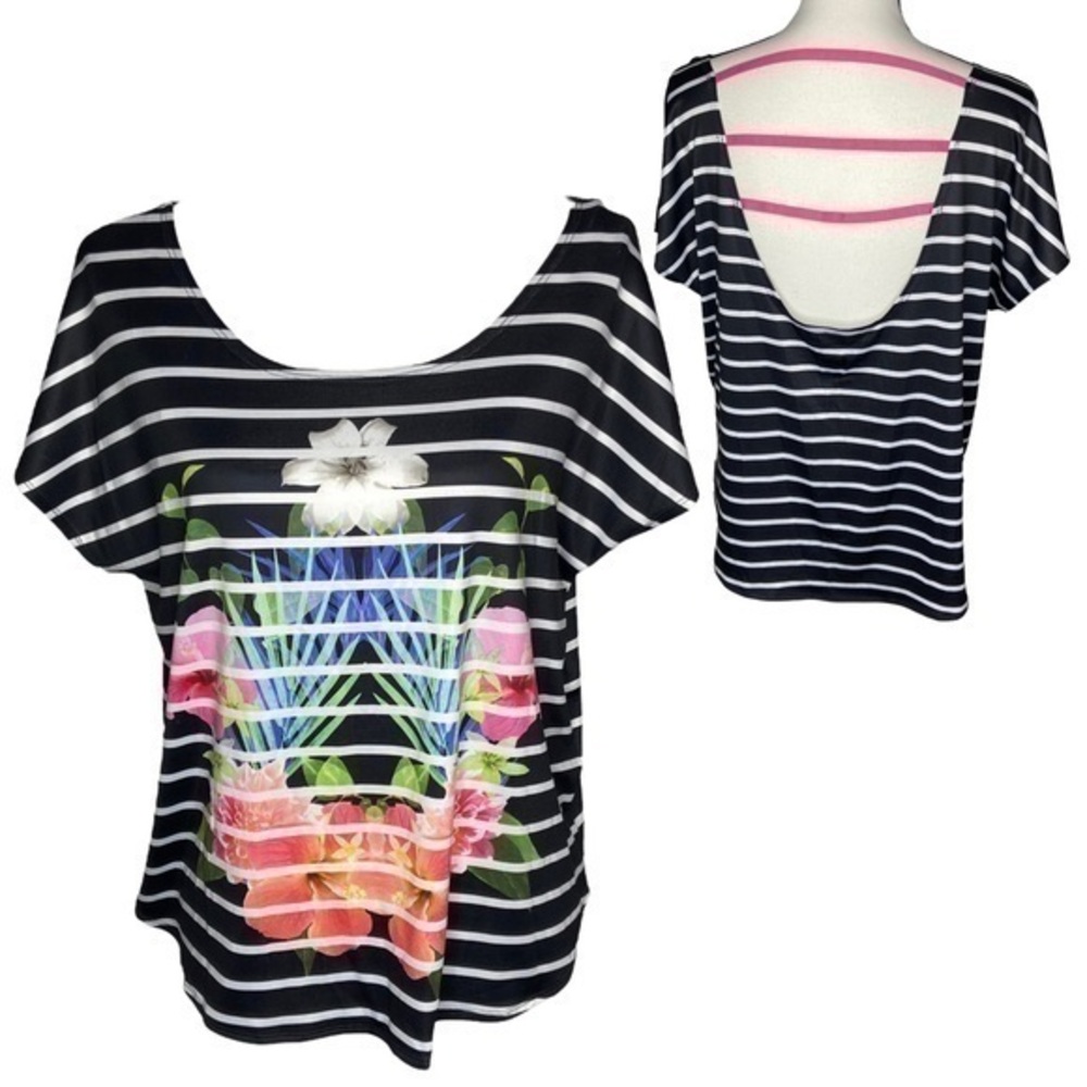 SO Top Black and White Striped Floral Graphic Short Sleeve Open Back Size Large